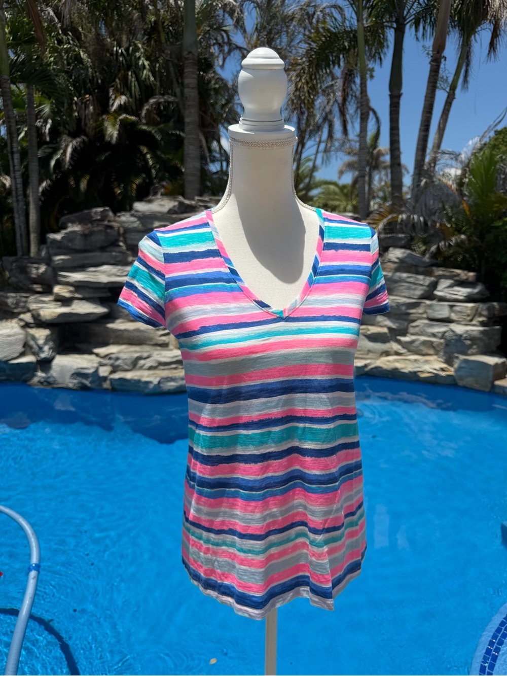 Lilly Pulitzer Striped V-Neck Short Sleeve Tee in Pink and Blue